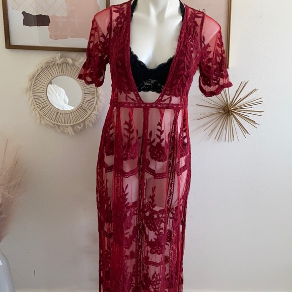 Dresses & Skirts - Red Lace Sheer Floral Maxi Dress Coverup